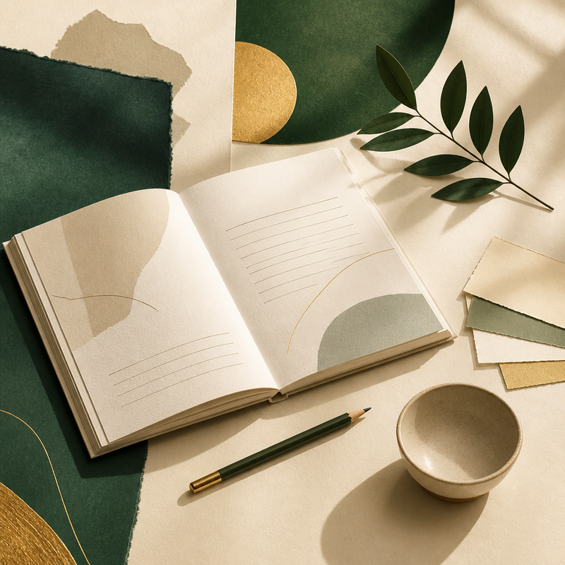 Cuaderno abierto y elementos botánicos en una composición editorial verde y crema